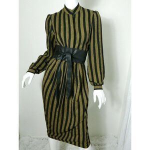 Cassant Dress Vintage Brown Black Stripped 100% Silk Size 6